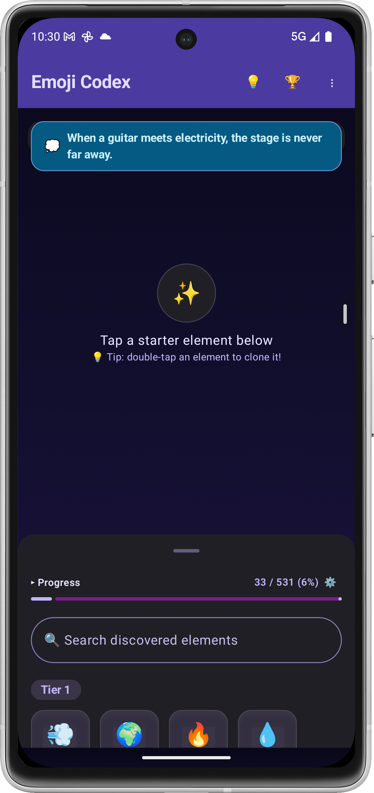 EmojiCodex gameplay screen showing interactive merge board, starter tray, and whisper hint