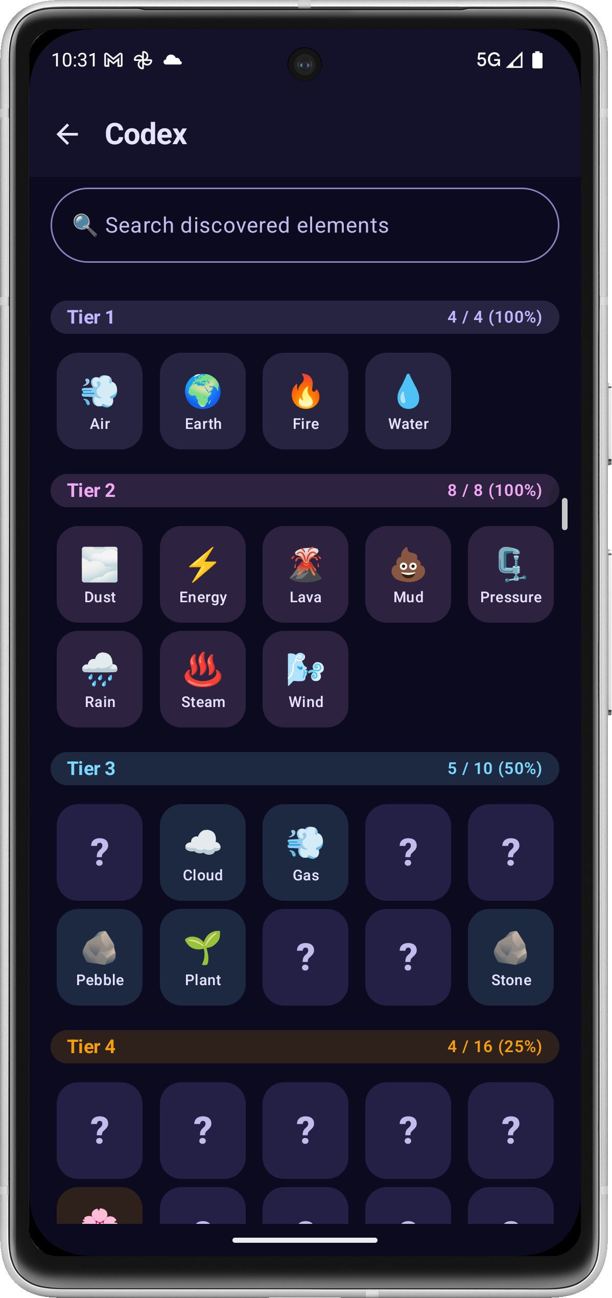 EmojiCodex full codex catalog screen grouped by ascending tiers with search filter