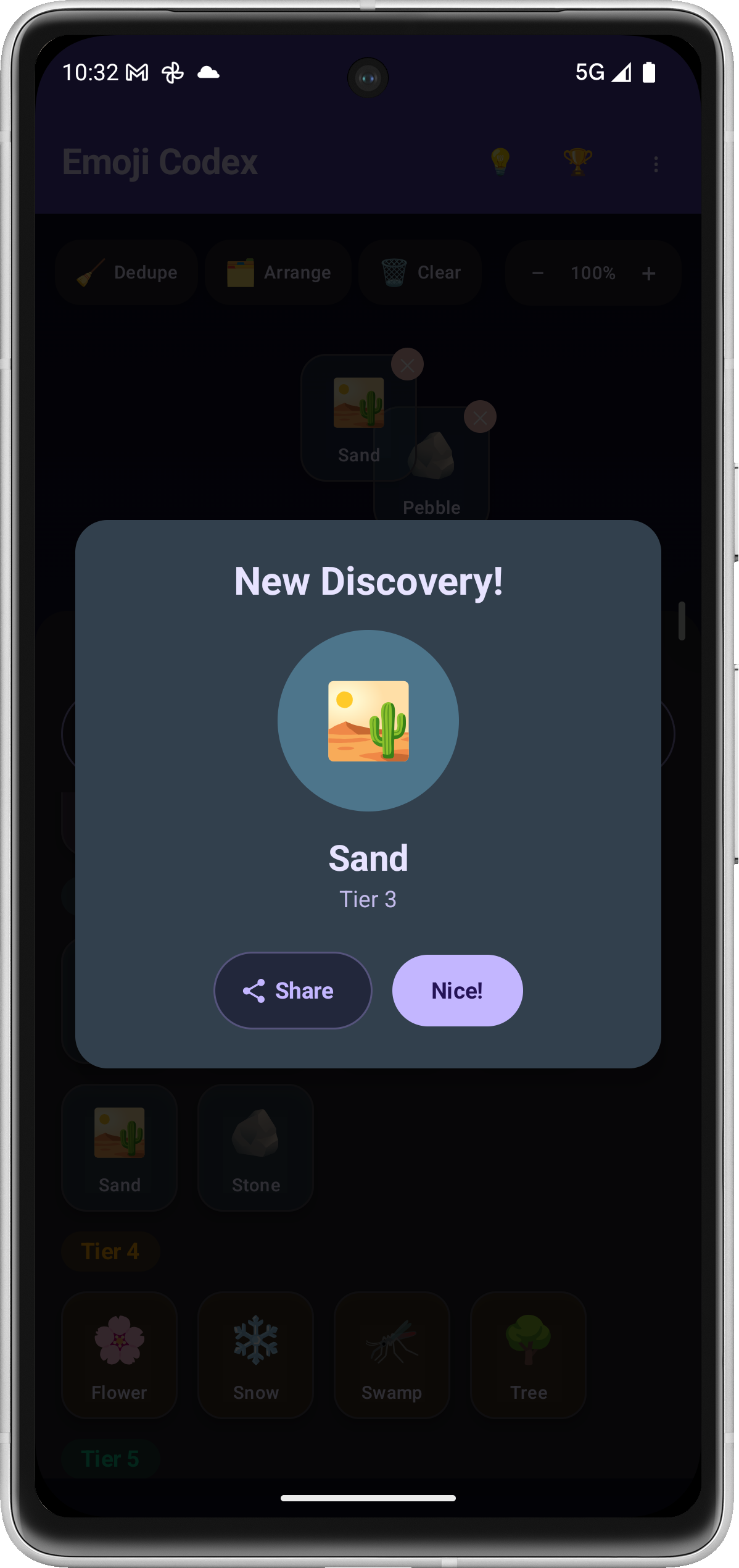 EmojiCodex new discovery celebration modal showing unlocked element and share options