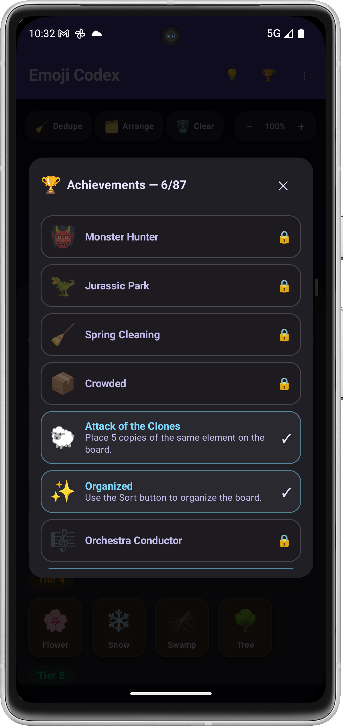 EmojiCodex achievements dialog showing badges and challenge milestones