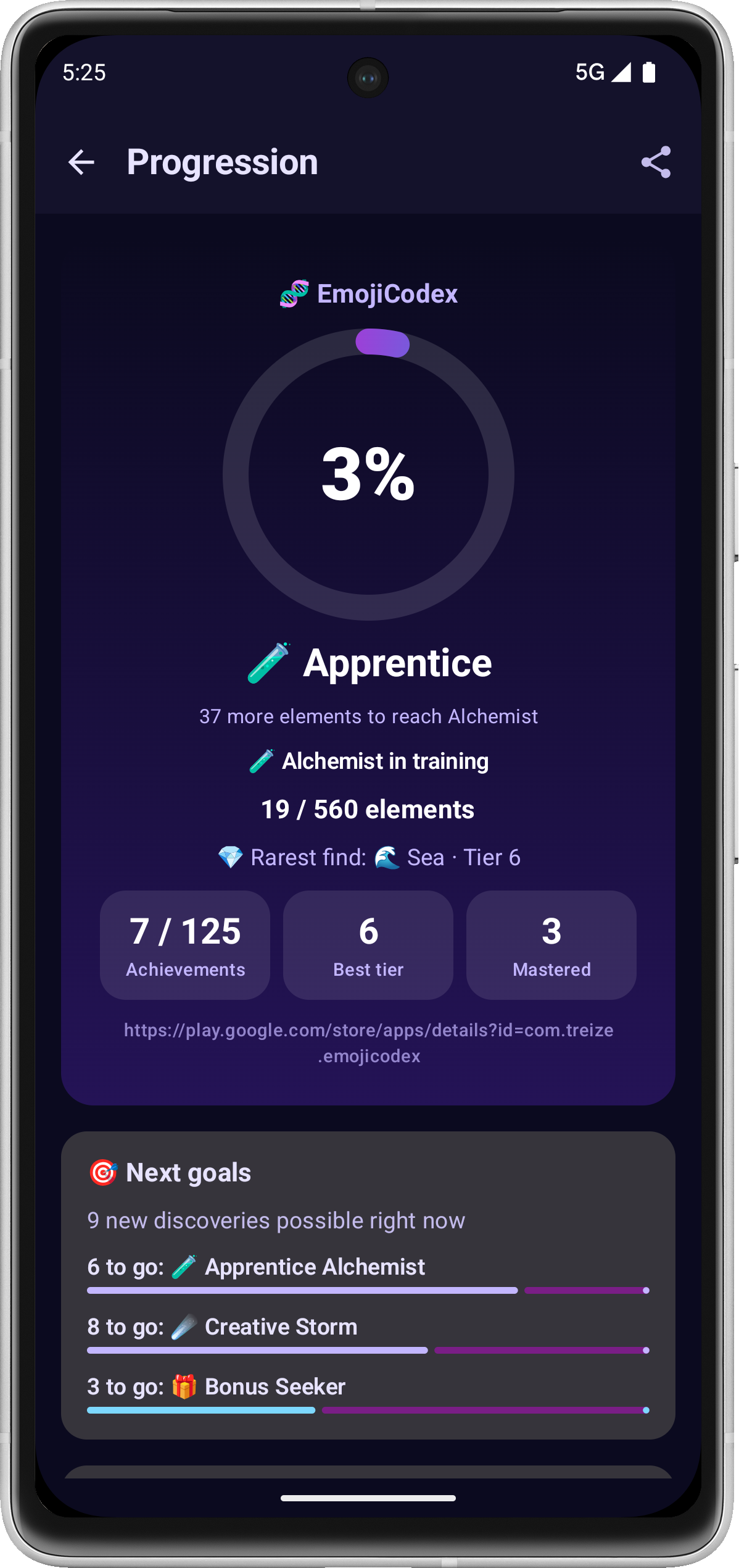 EmojiCodex progression screen showing collection percentage, alchemist rank, achievements, and next goals